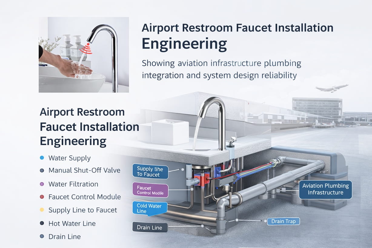 Airport restroom faucet installation engineering showing aviation infrastructure plumbing integration and system design reliability