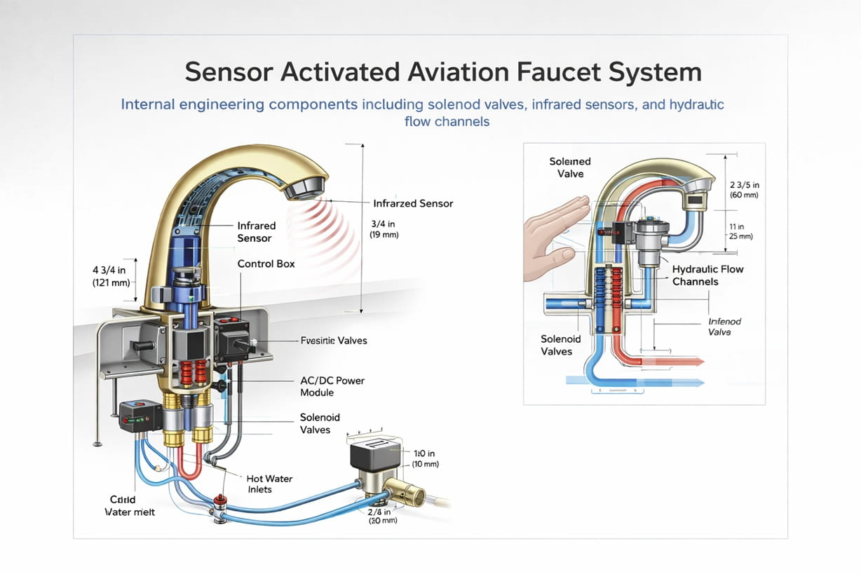 Sensor activated aviation faucet system internal engineering components including solenoid valves infrared sensors and hydraulic flow channels