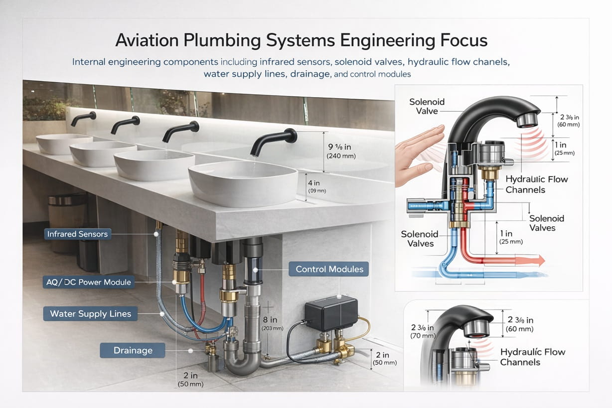 Infrared sensor aviation faucet engineering system showing electromechanical solenoid valve and hydraulic control assembly inside airport infrastructure