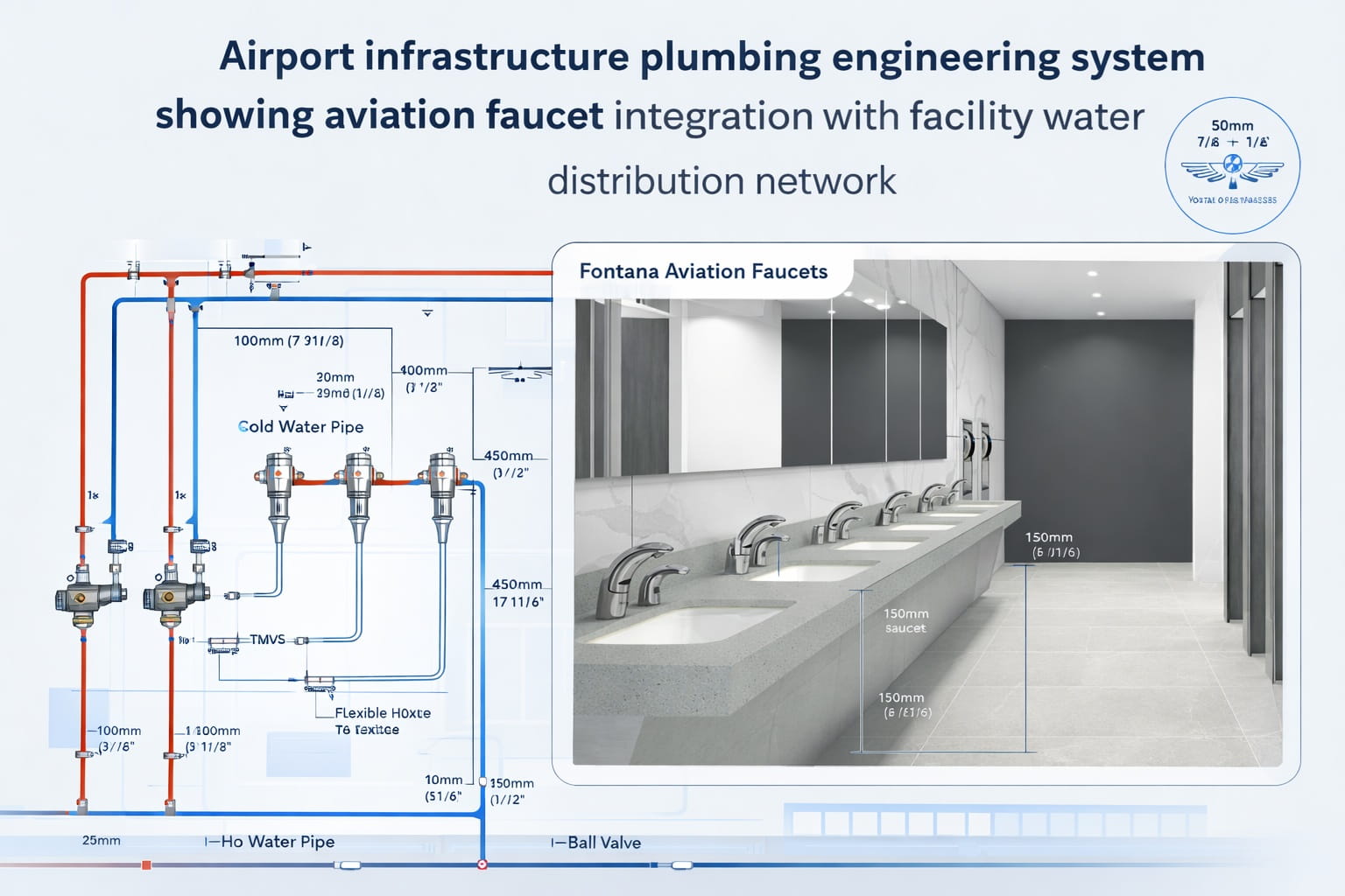 Airport infrastructure plumbing engineering system showing aviation faucet integration with facility water distribution network