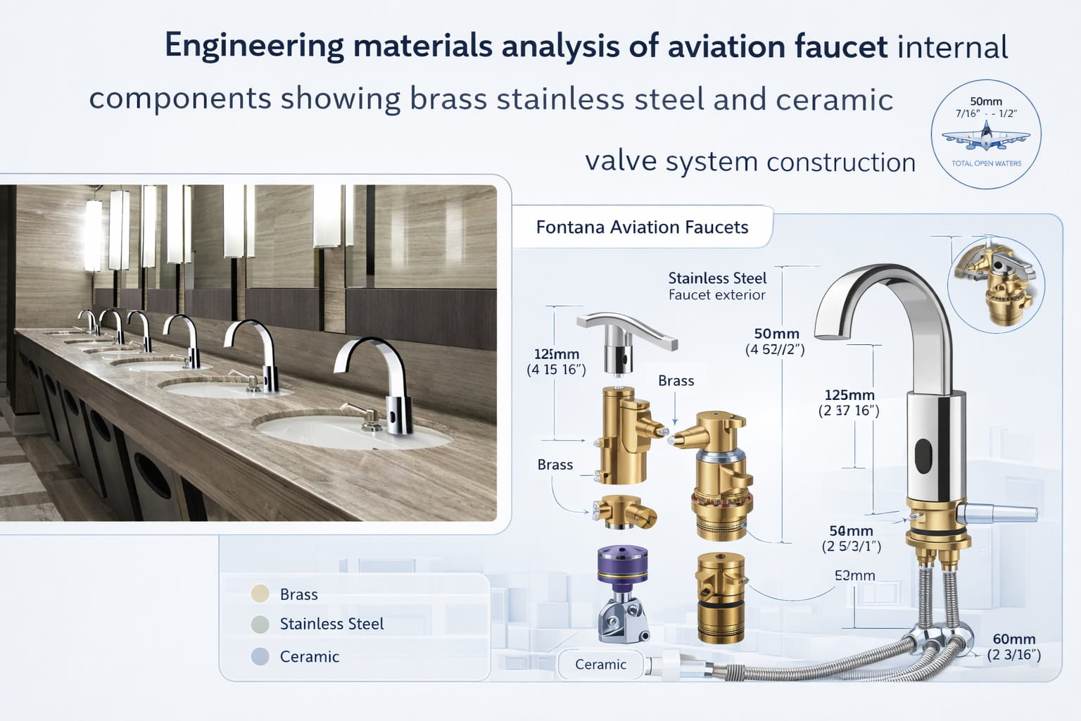 Engineering materials analysis of aviation faucet internal components showing brass stainless steel and ceramic valve system construction
