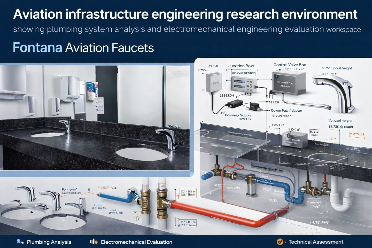 Aviation infrastructure engineering research environment showing plumbing system analysis and electromechanical engineering evaluation workspace