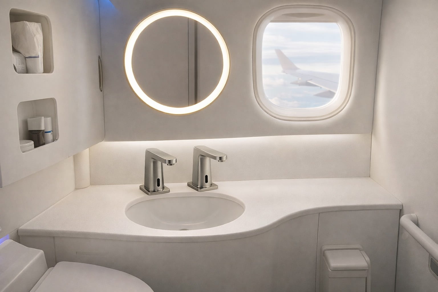 electromechanical aviation faucet internal engineering components showing solenoid valve, sensor control, and hydraulic integration system