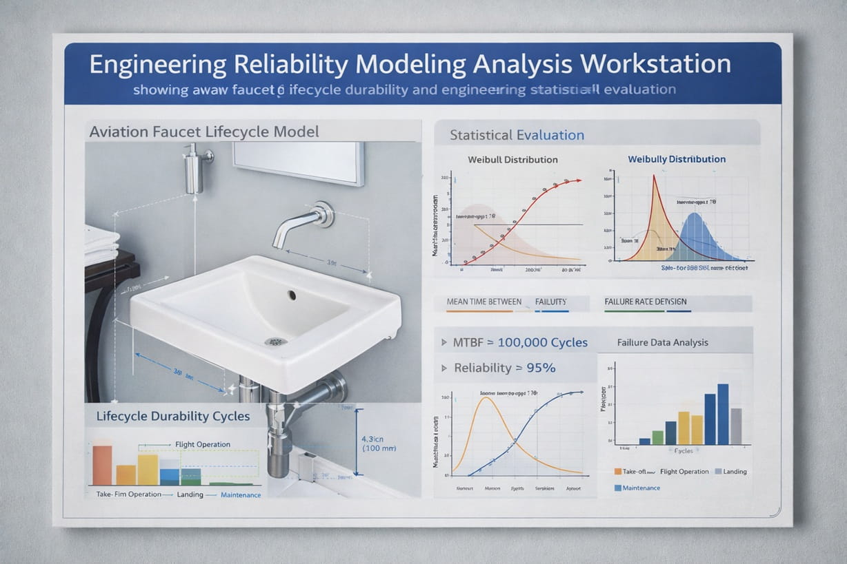Engineering reliability modeling analysis workstation showing aviation faucet lifecycle durability and engineering statistical evaluation