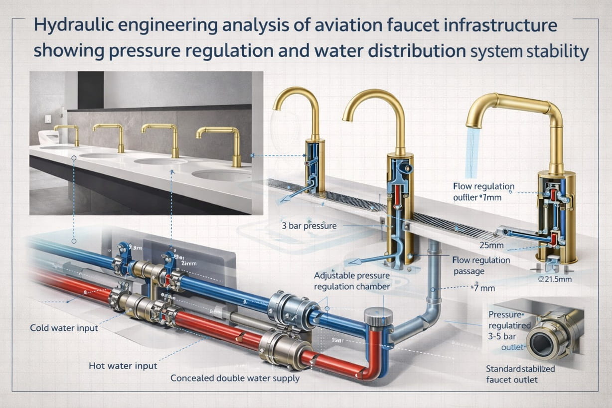 Hydraulic engineering analysis of aviation faucet infrastructure showing pressure regulation and water distribution system stability