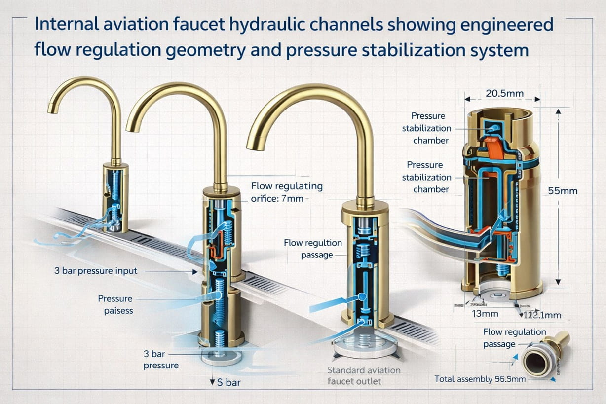 Internal aviation faucet hydraulic channels showing engineered flow regulation geometry and pressure stabilization system