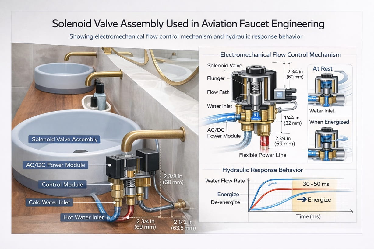Solenoid valve assembly used in aviation faucet engineering showing electromechanical flow control mechanism and hydraulic response behavior