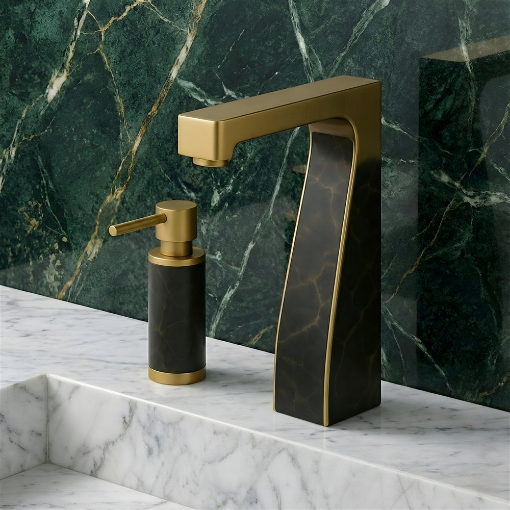 Close-up of a commercial touchless lavatory faucet with sensor activation