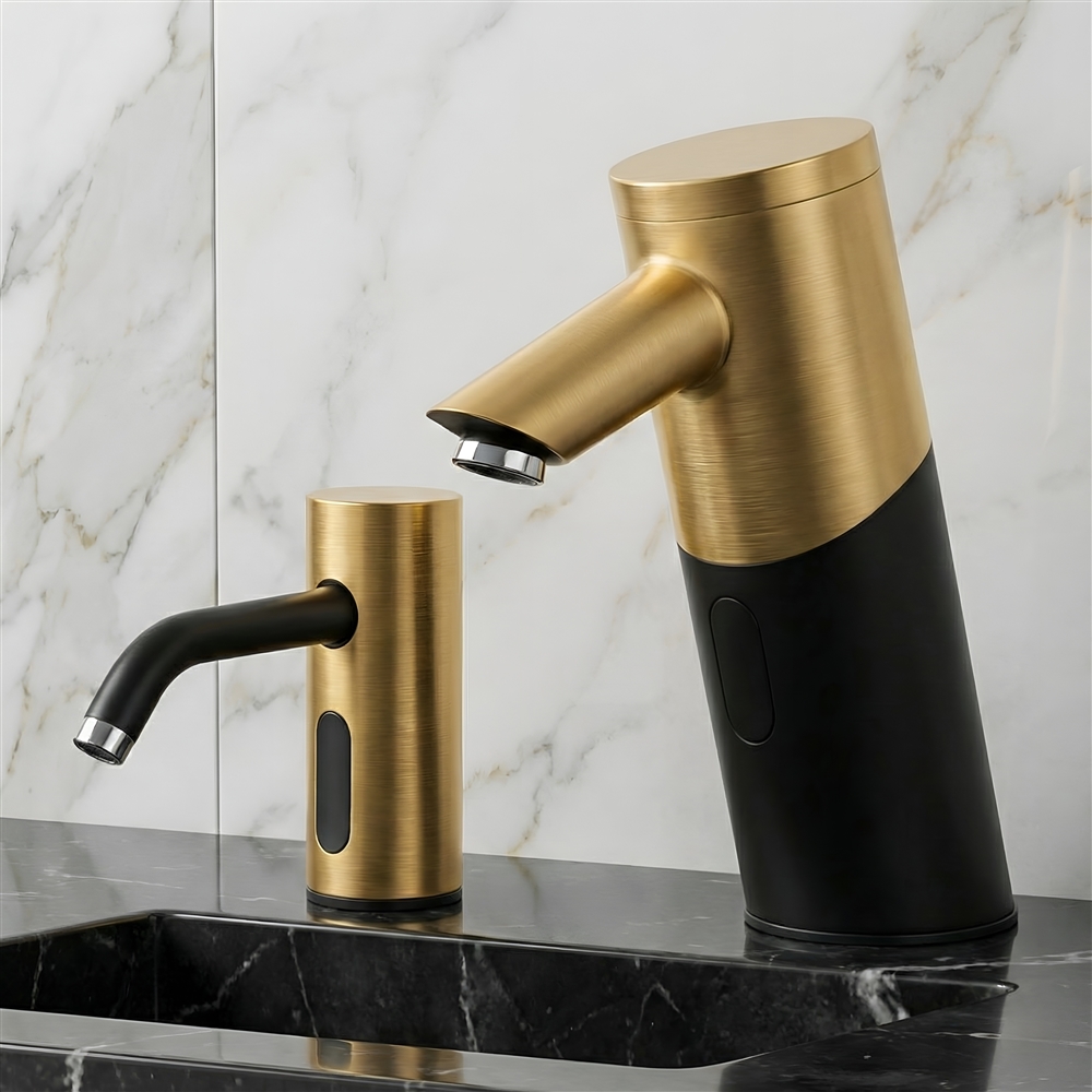 Modern airport restroom with touchless commercial faucets and blue accent design