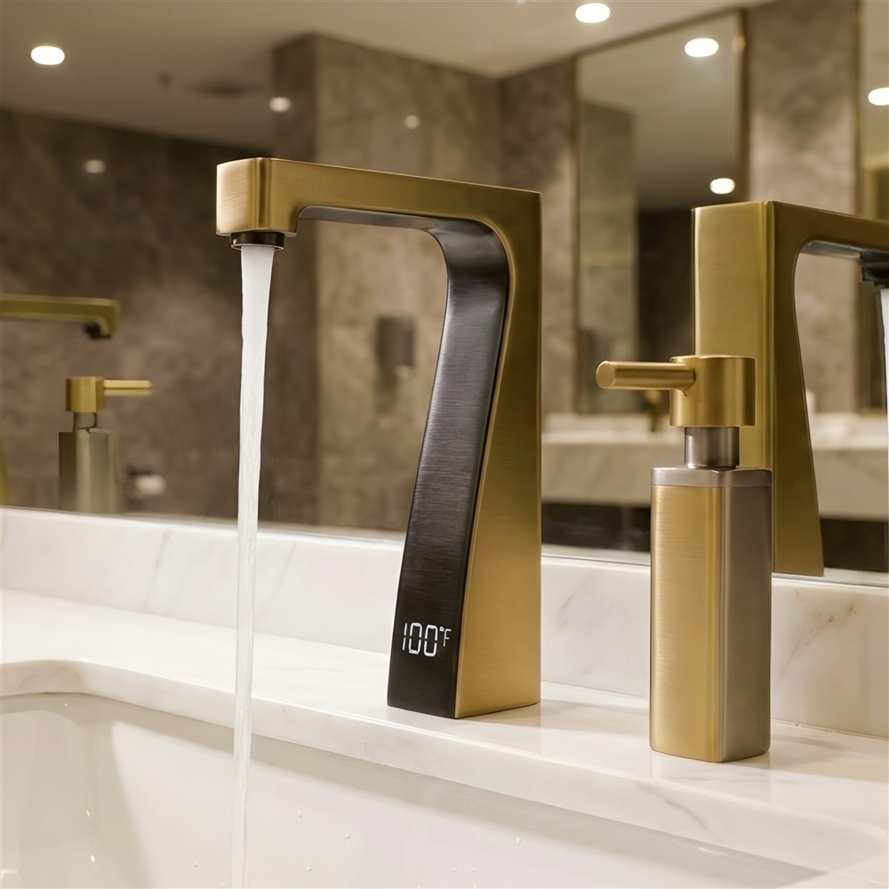 Maintenance technician servicing a commercial touchless faucet module in an airport restroom