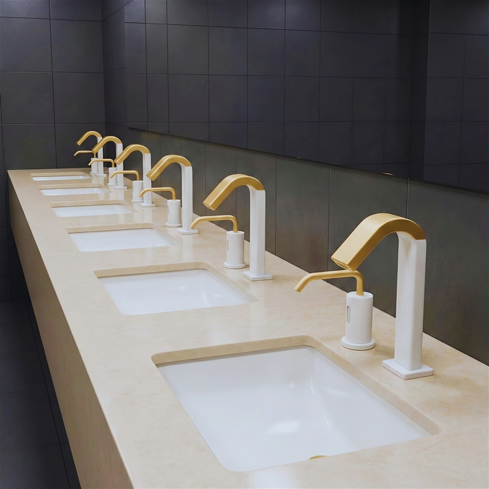 Modern airport restroom with commercial sensor faucets and high traffic passenger environment