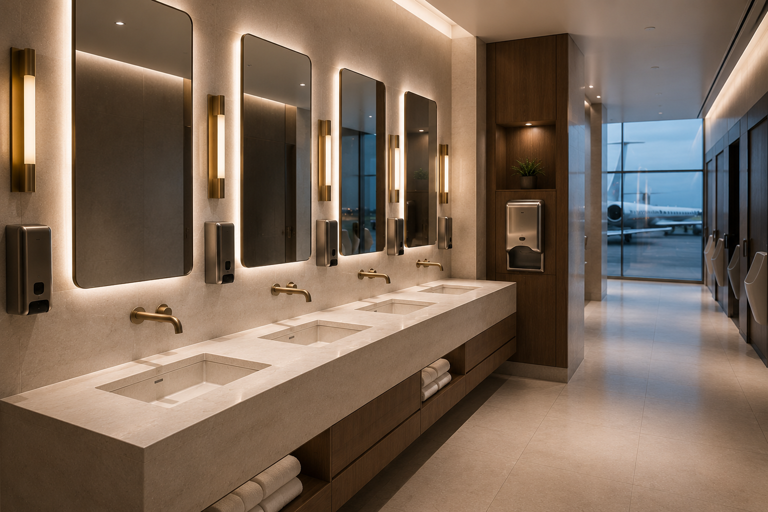 Airport restroom sink bank with touchless faucets designed for accessible passenger handwashing