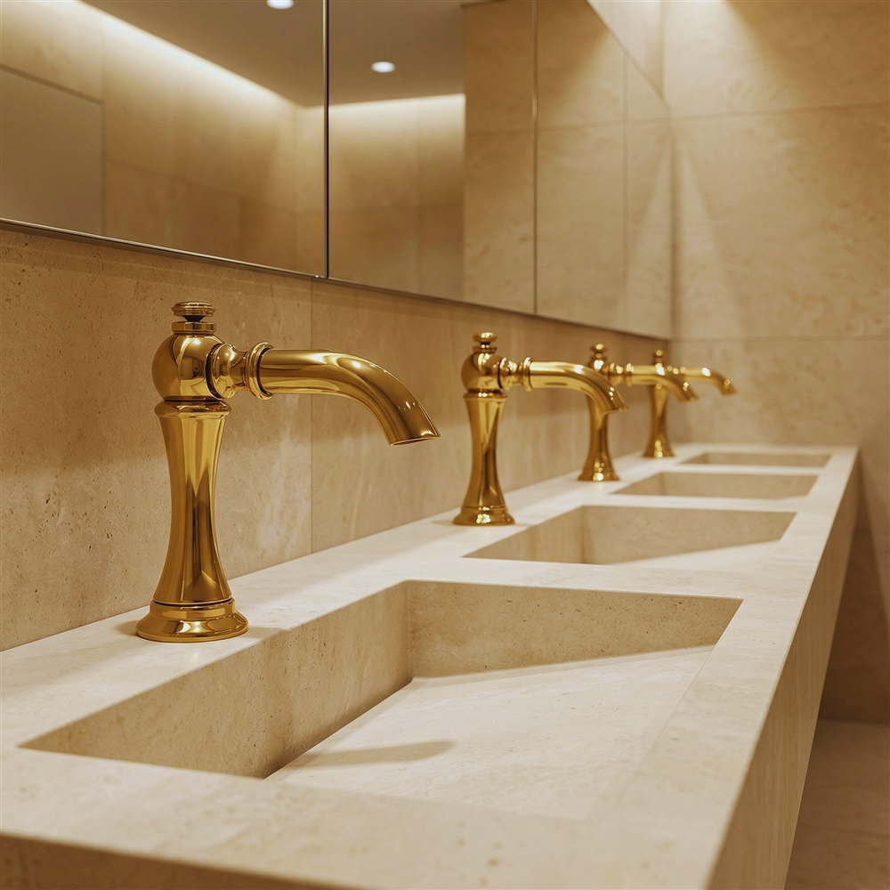 Recommended hero photo showing close-up polished gold aviation grade faucet detail for premium fixture specification