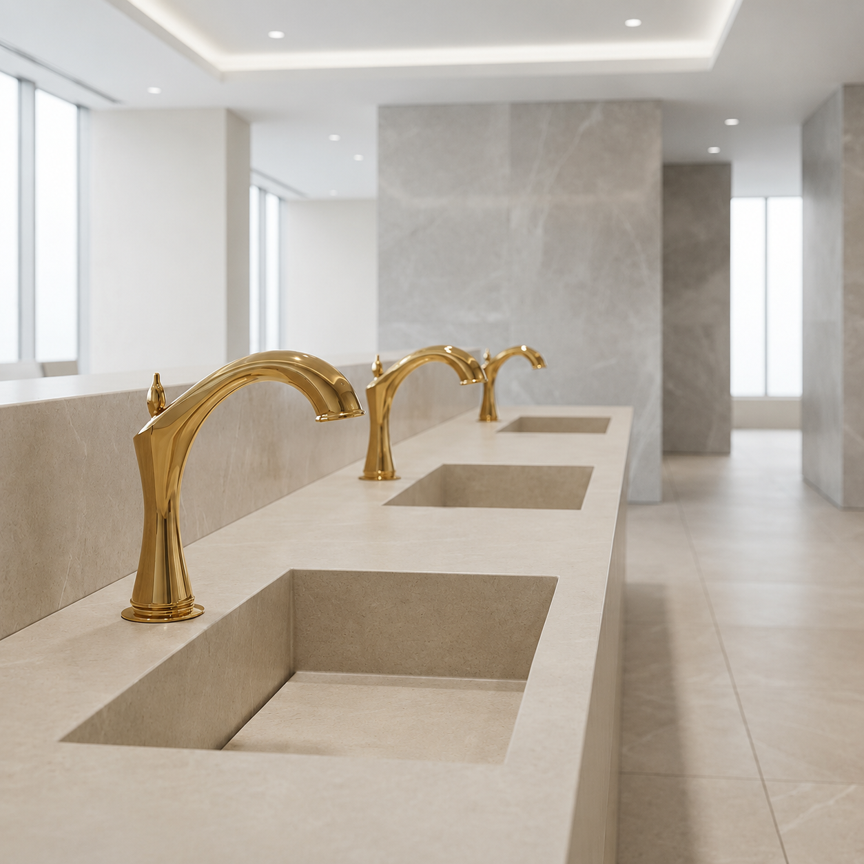 Recommended hero photo showing architectural restroom faucet installation for aviation facility and terminal design
