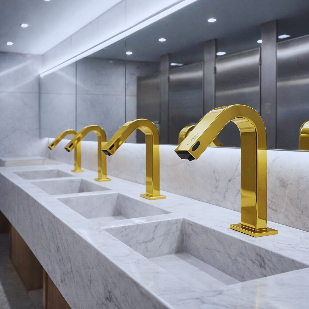 Precision sensor activation touchless faucet system in a commercial restroom