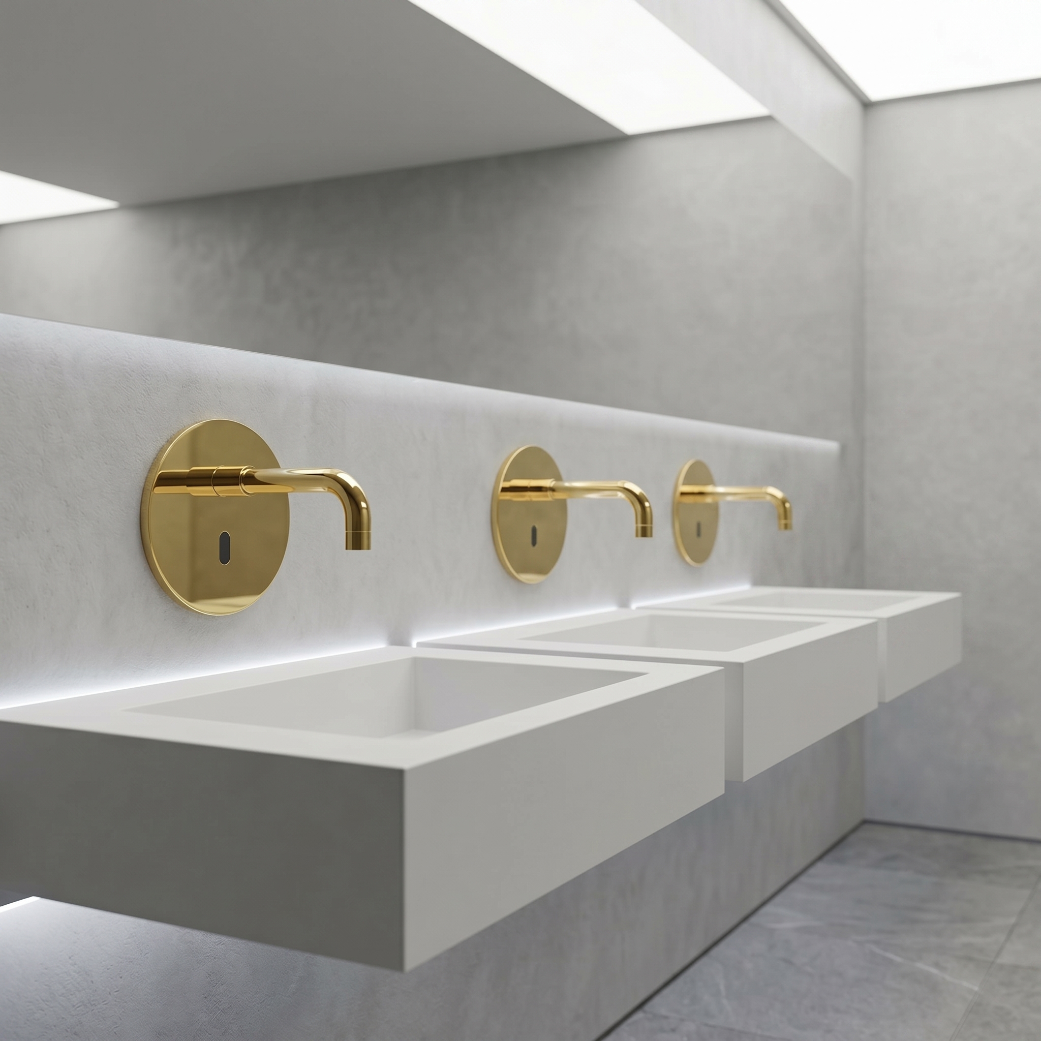 Recommended hero photo showing wall mounted aviation grade faucets in a clean compact restroom environment