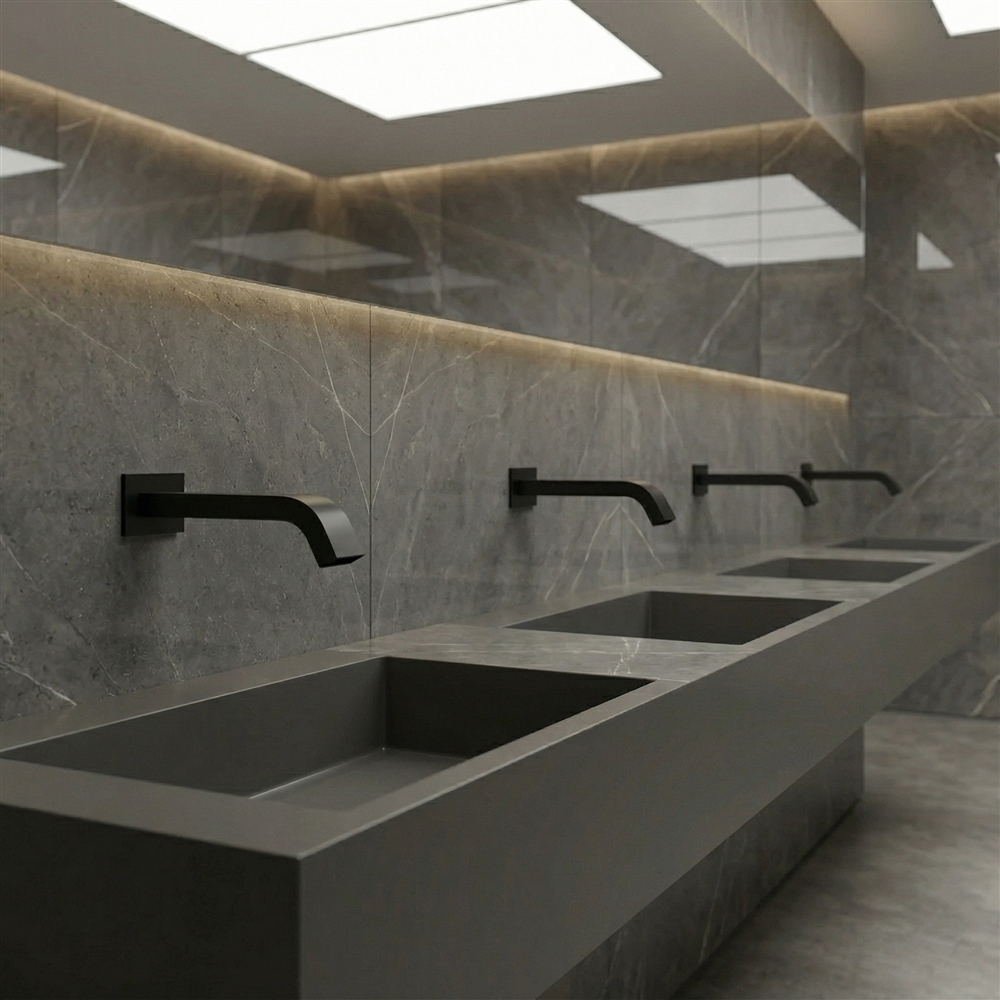 Airport public restroom hygiene fixture planning with touchless faucet installation