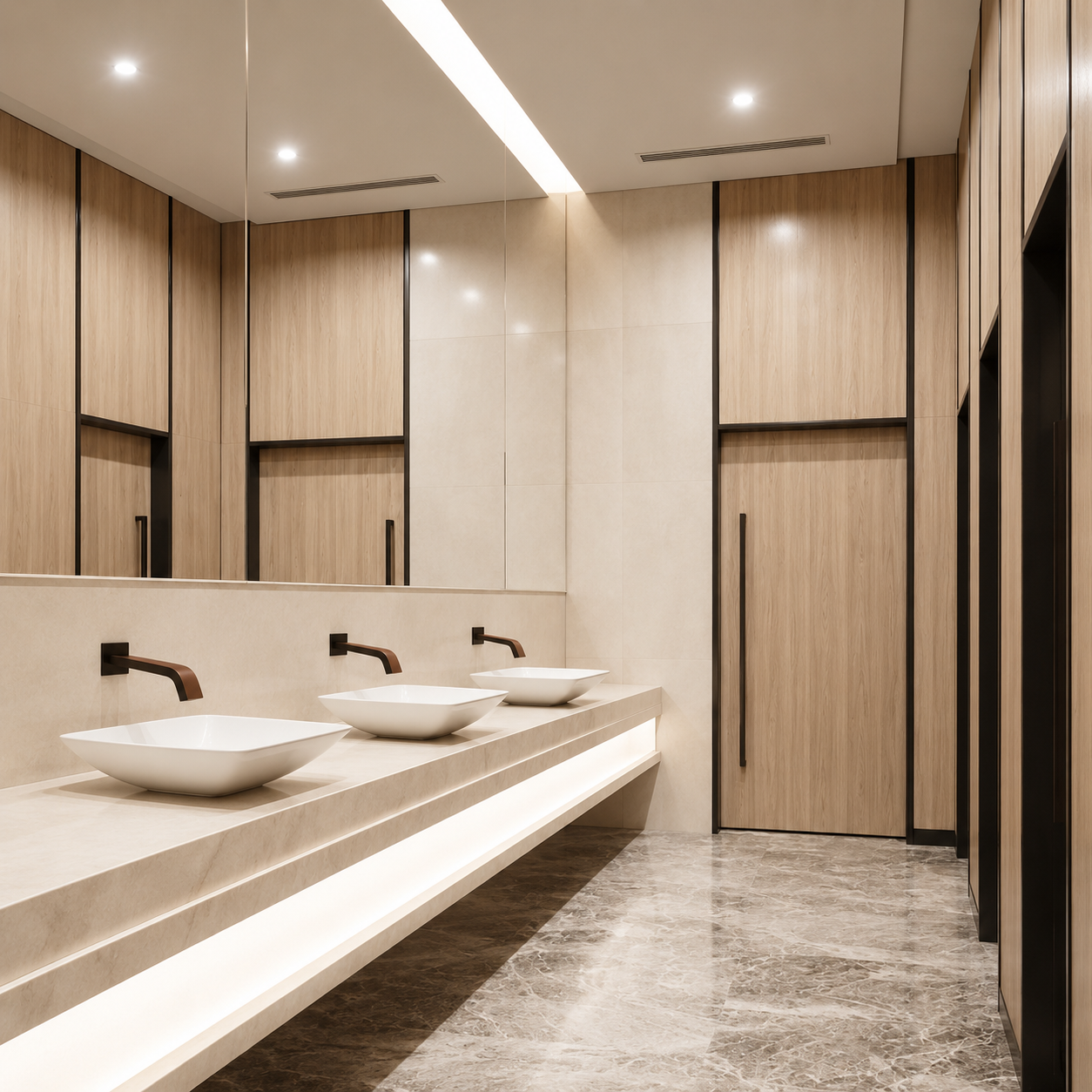 International airport restroom with wall mounted touchless faucets and soap dispensers