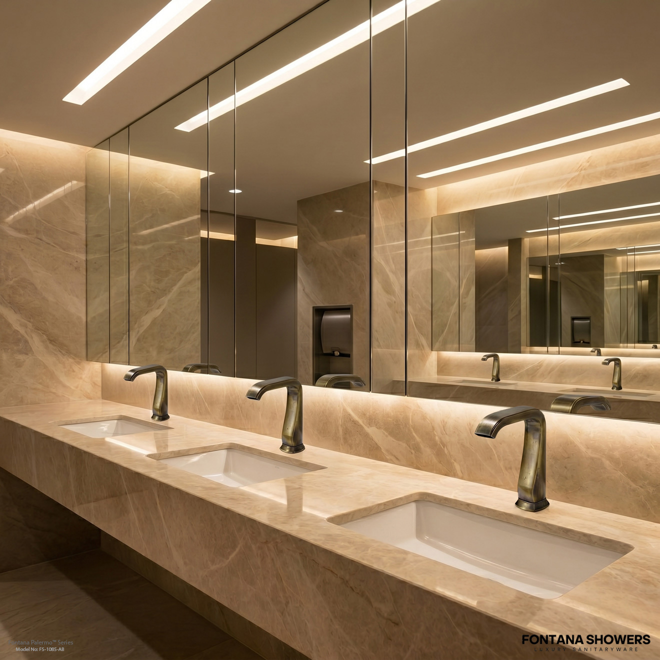 Wall mounted touchless faucet and soap dispenser used in airport-style restroom handwashing station