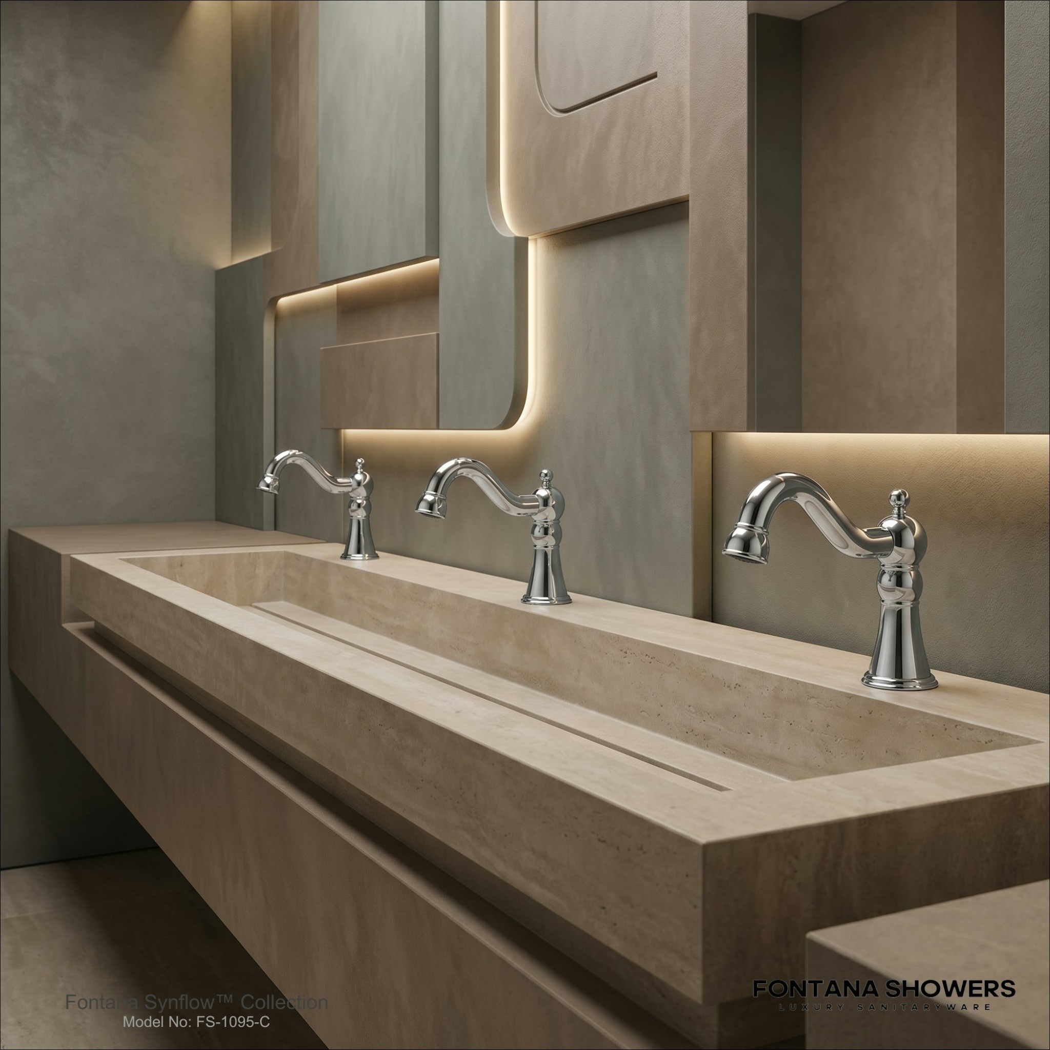 Commercial airport-style restroom with multiple touchless faucets and clean mirror lighting