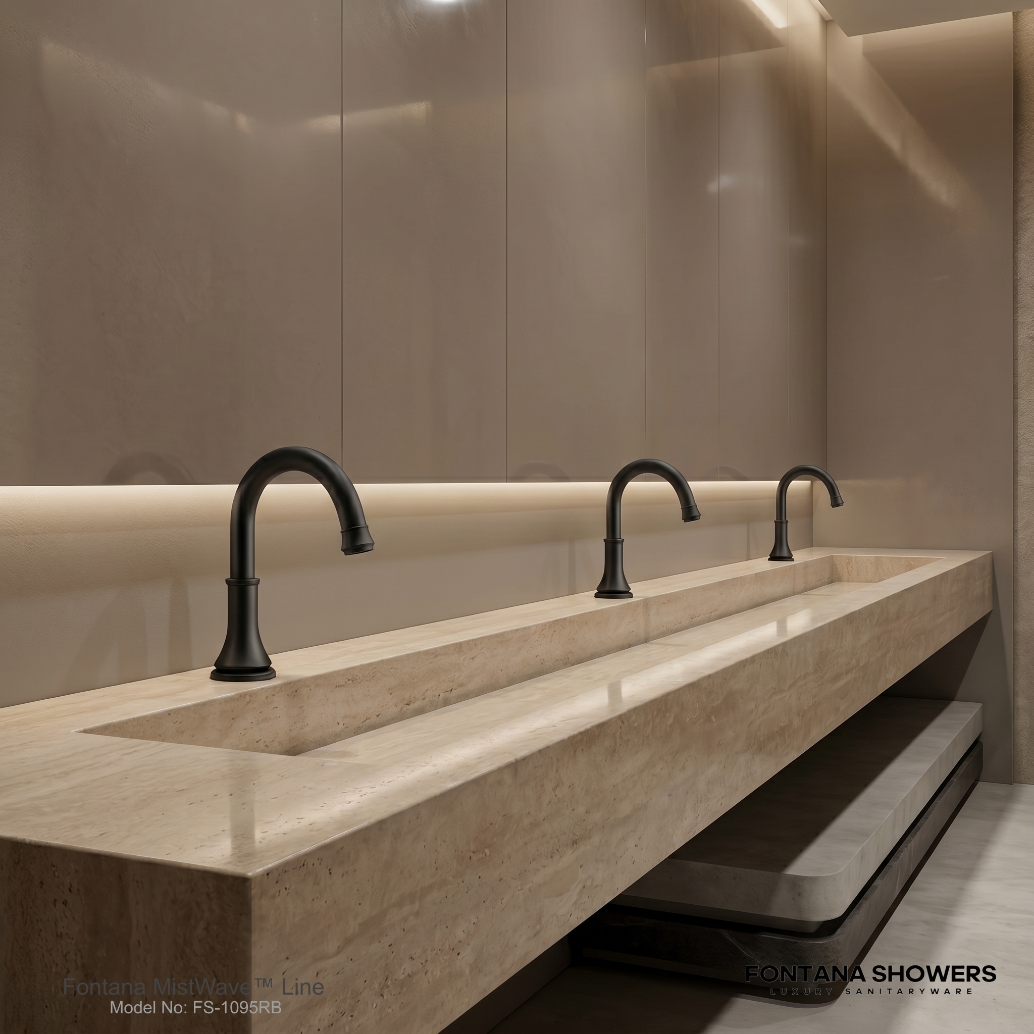 Modern commercial restroom sink bank with sensor faucets and passenger-friendly lighting
