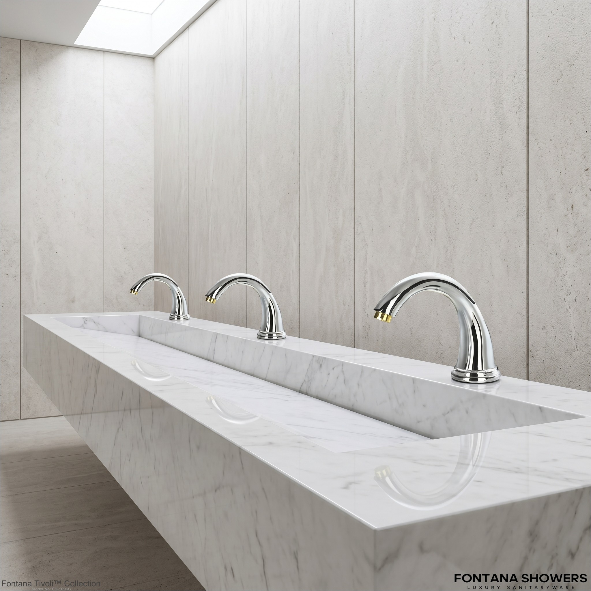 Commercial restroom counter with multiple touchless faucets for high-use public facilities