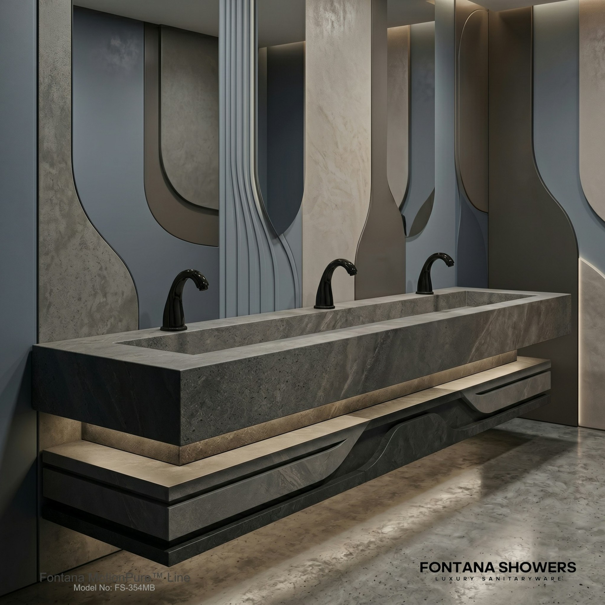 Modern airport restroom faucet stations with touchless wall mounted fixtures