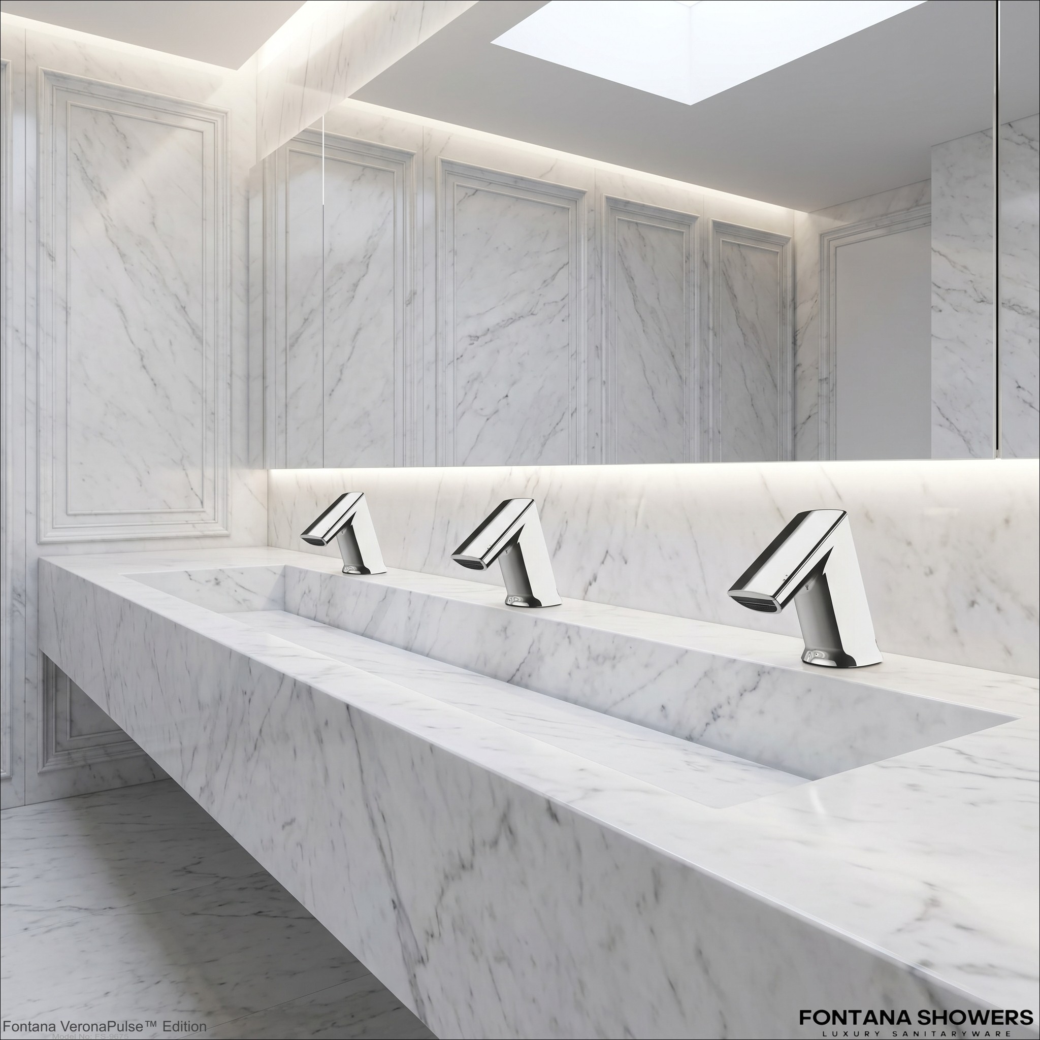 Private aviation restroom suite with premium sink faucet fixtures and architectural lighting