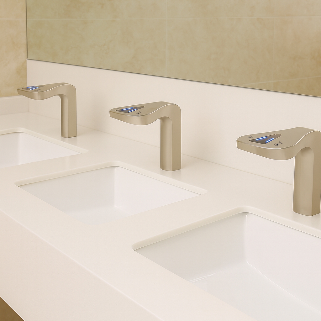 Solid brass commercial sensor faucet close-up showing durable construction