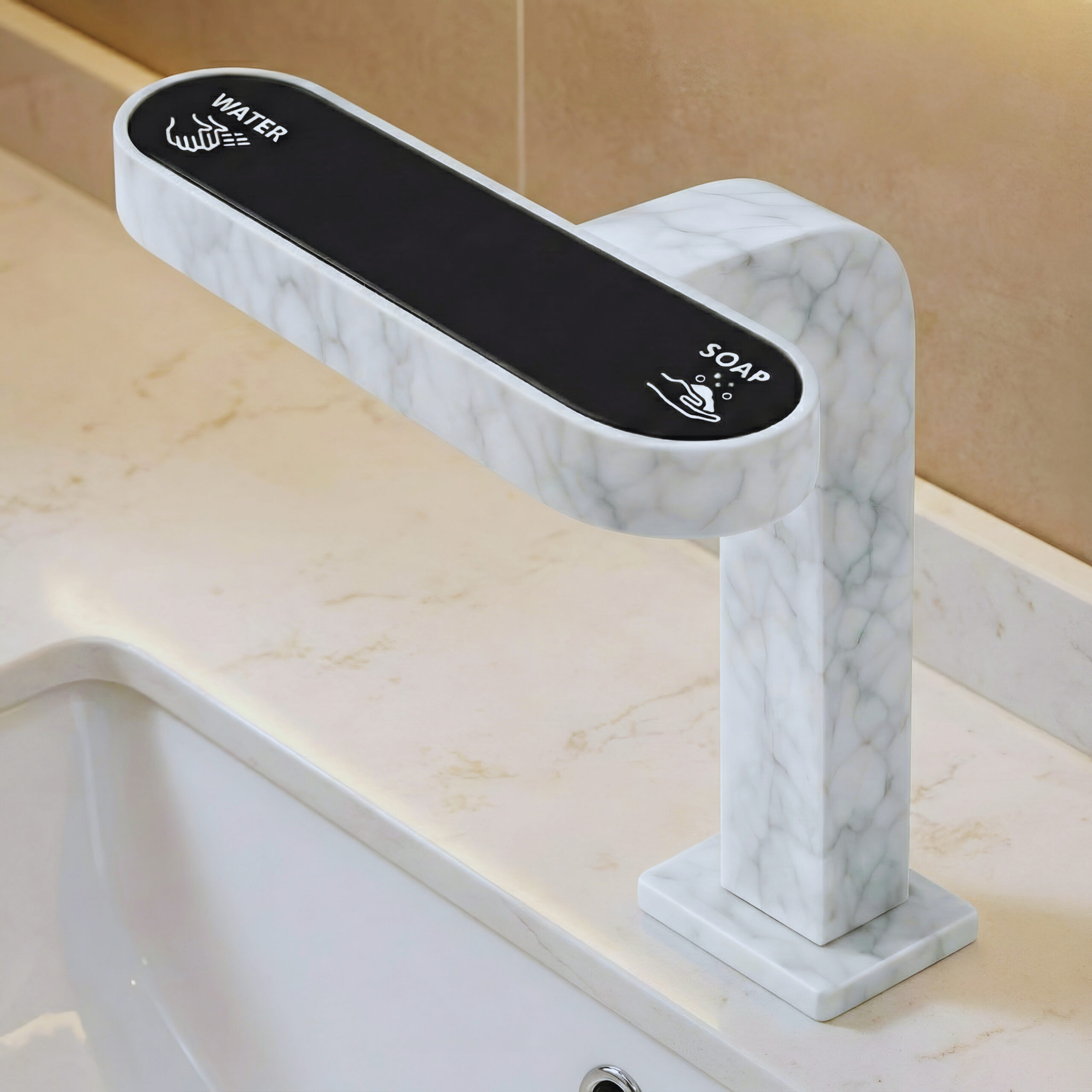 Close-up of a commercial touchless lavatory faucet with sensor activation