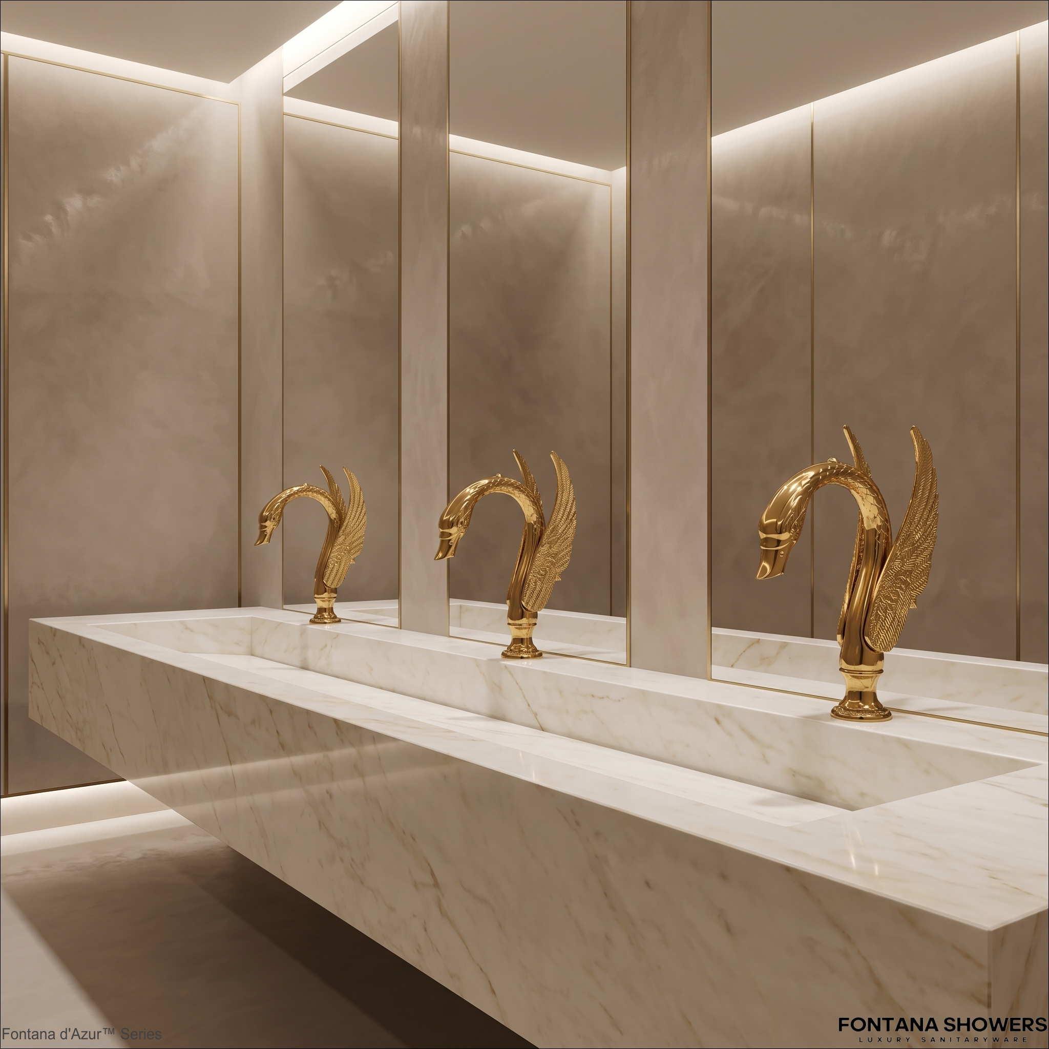 Denver airport restroom with long touchless faucet bank and bright modern terminal lighting