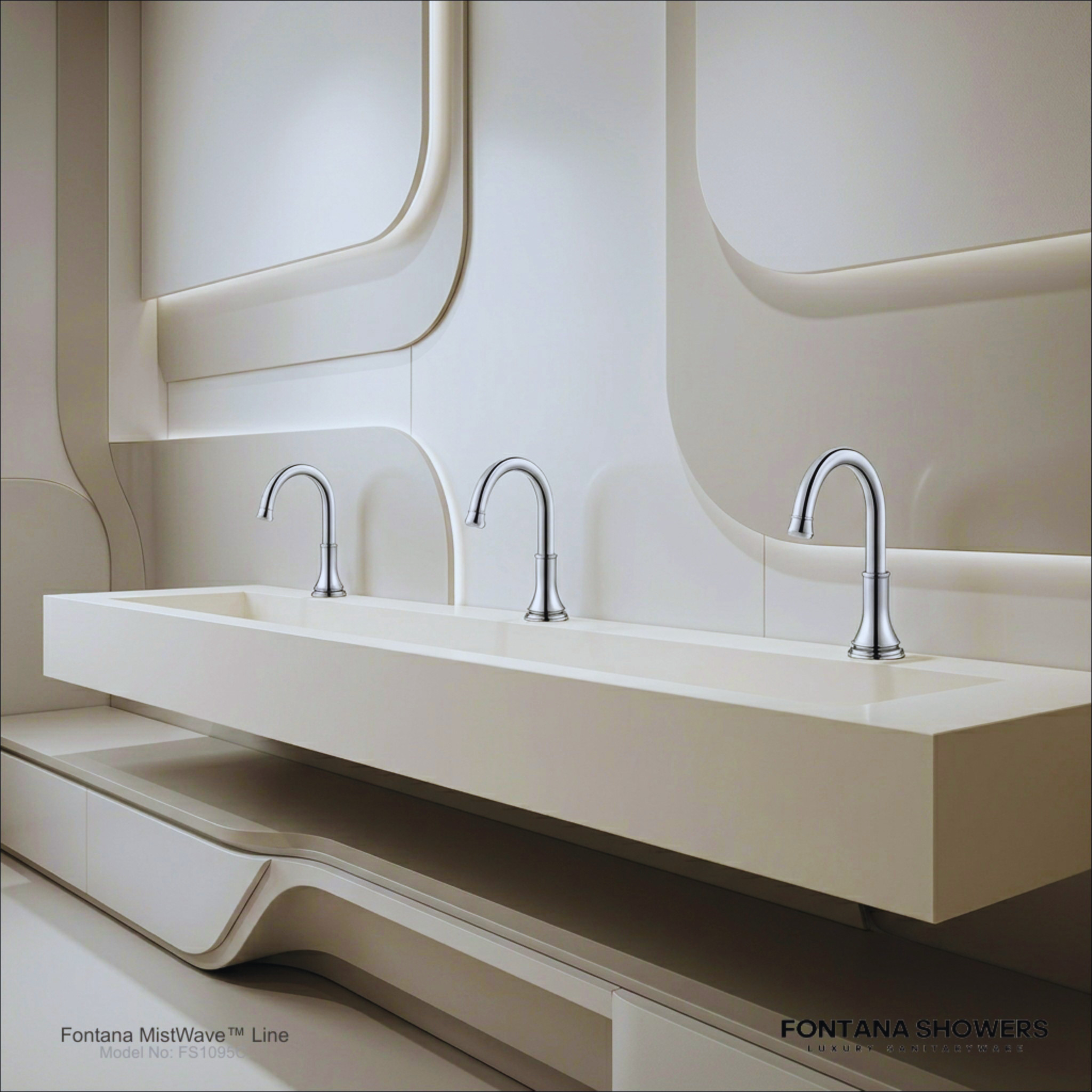 Long commercial lavatory counter with multiple faucet positions for high-traffic public restroom planning