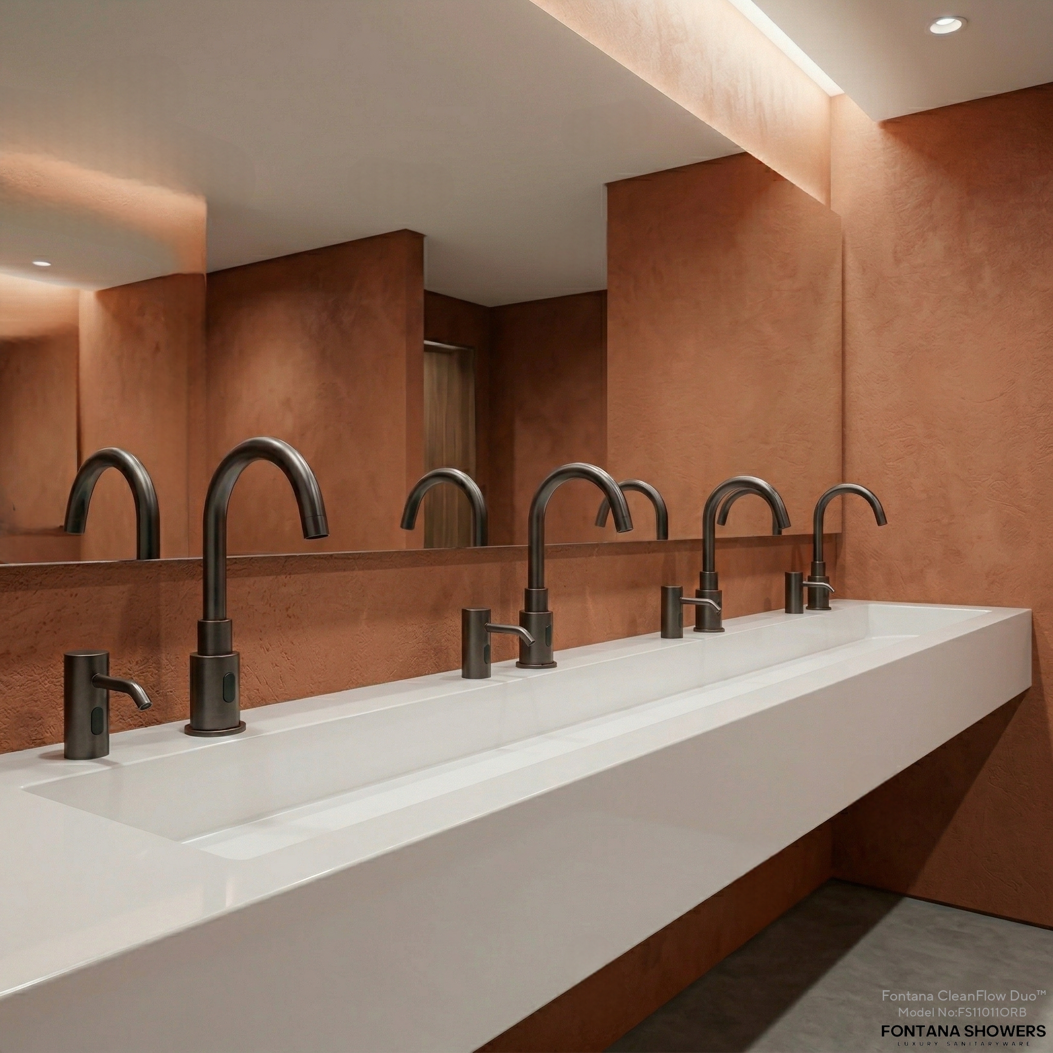Premium airport restroom with touchless faucets suitable for lounges and aviation facilities