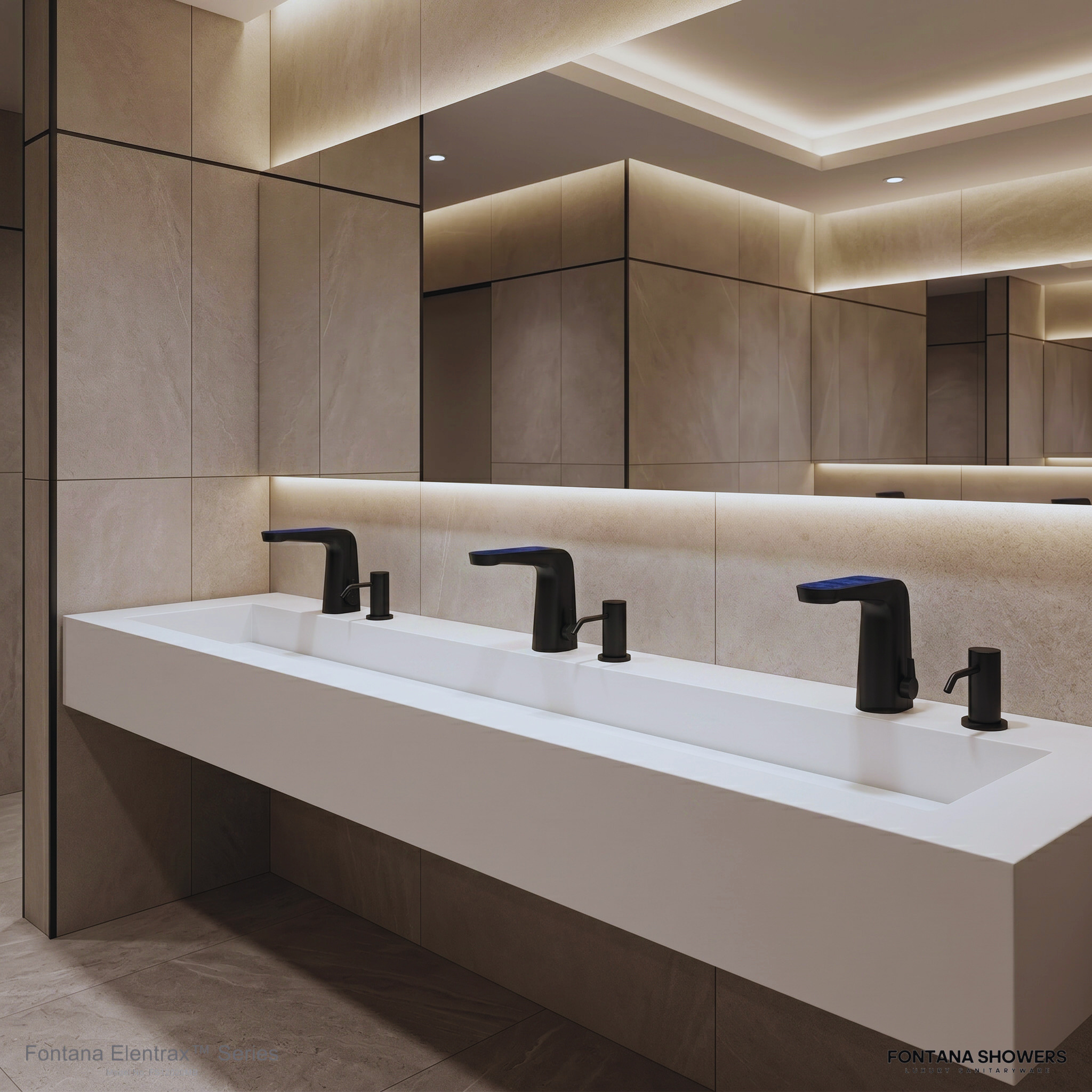 Commercial airport restroom with premium touchless faucet stations for buyer guide specification