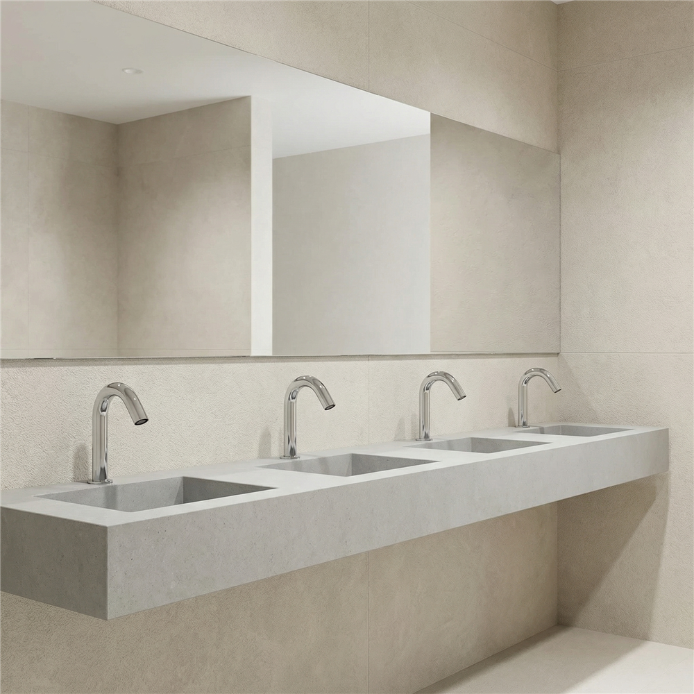 Luxury airport restroom private suites with premium lighting and durable counters