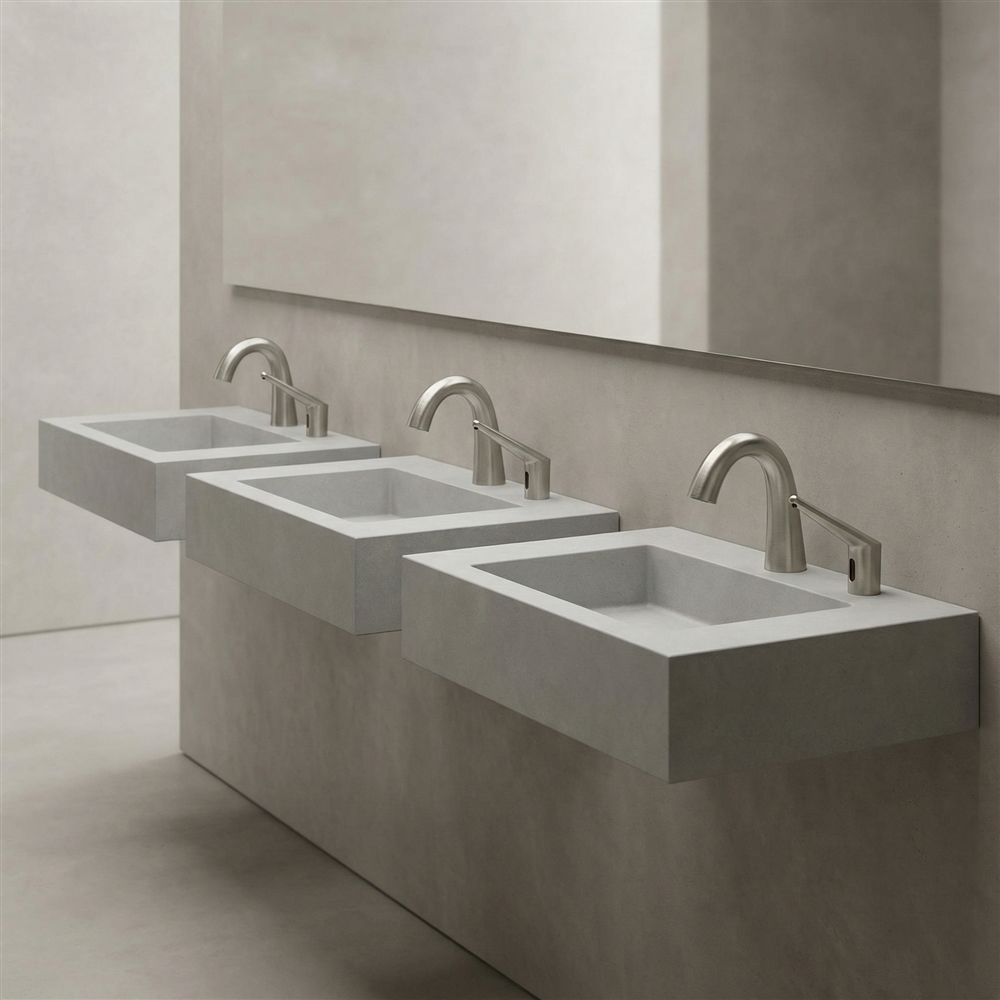 Commercial touchless faucet selected for high traffic airport restroom environments