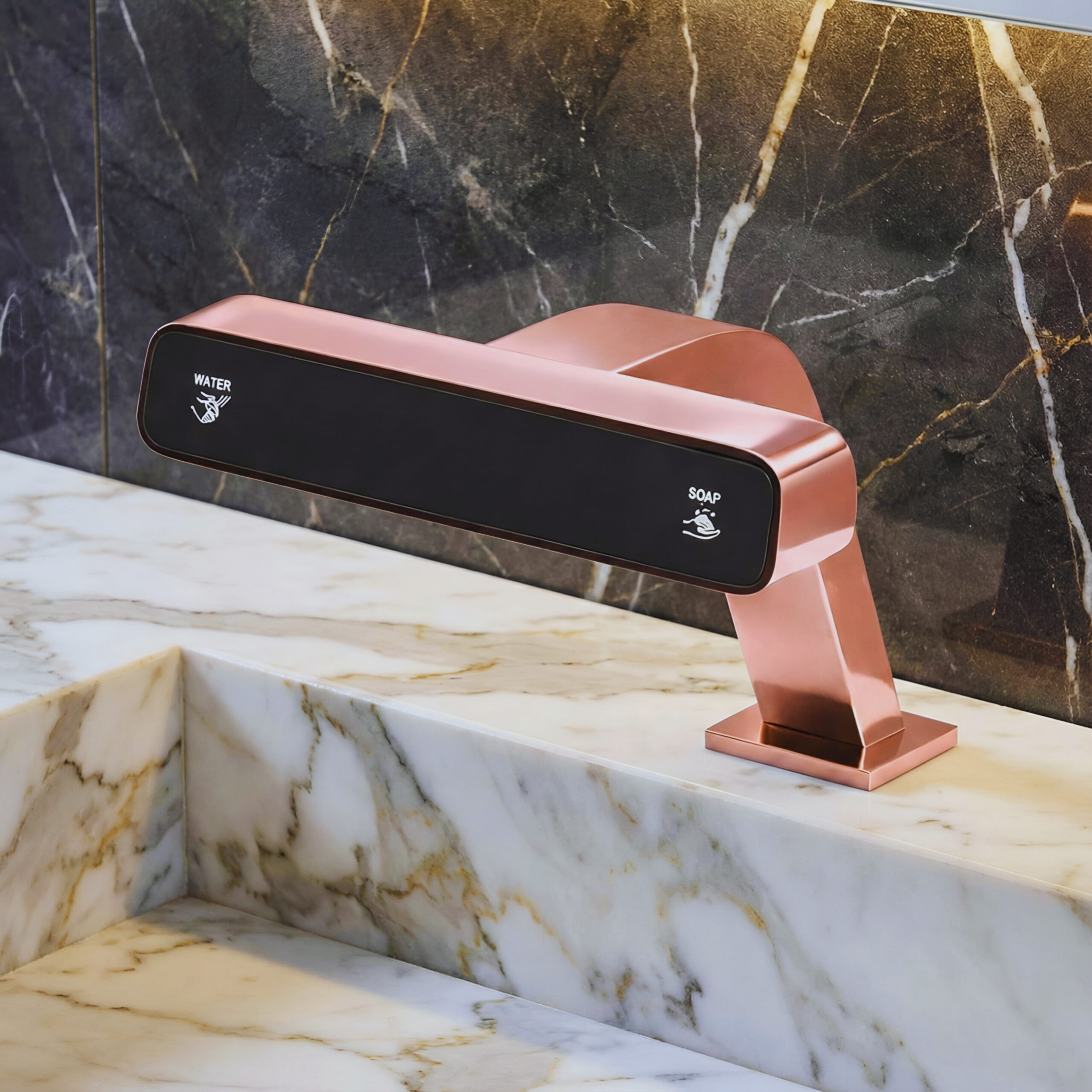 Airport terminal restroom vanity with multiple commercial sensor faucets