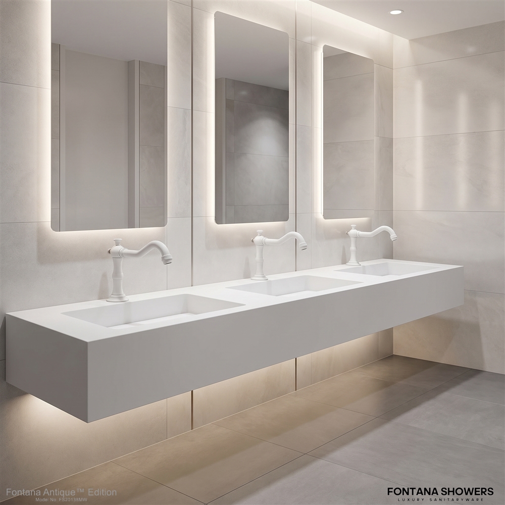 Modern commercial restroom vanity with premium fixtures and clean design for aviation restroom planning