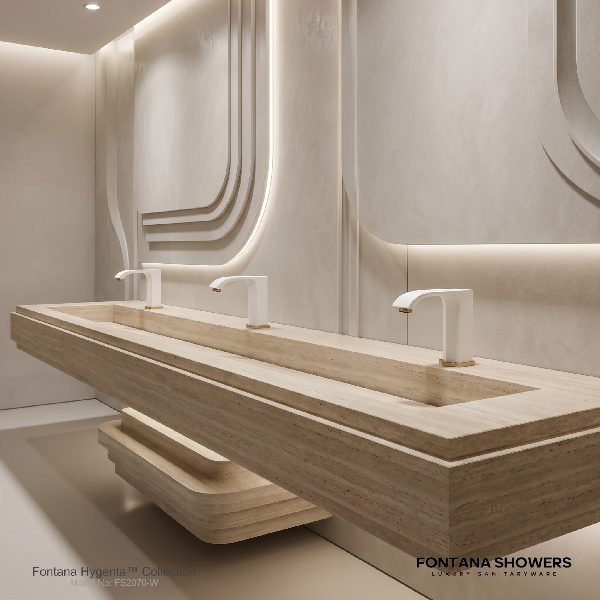 Commercial airport-style restroom with multiple touchless faucets and clean mirror lighting