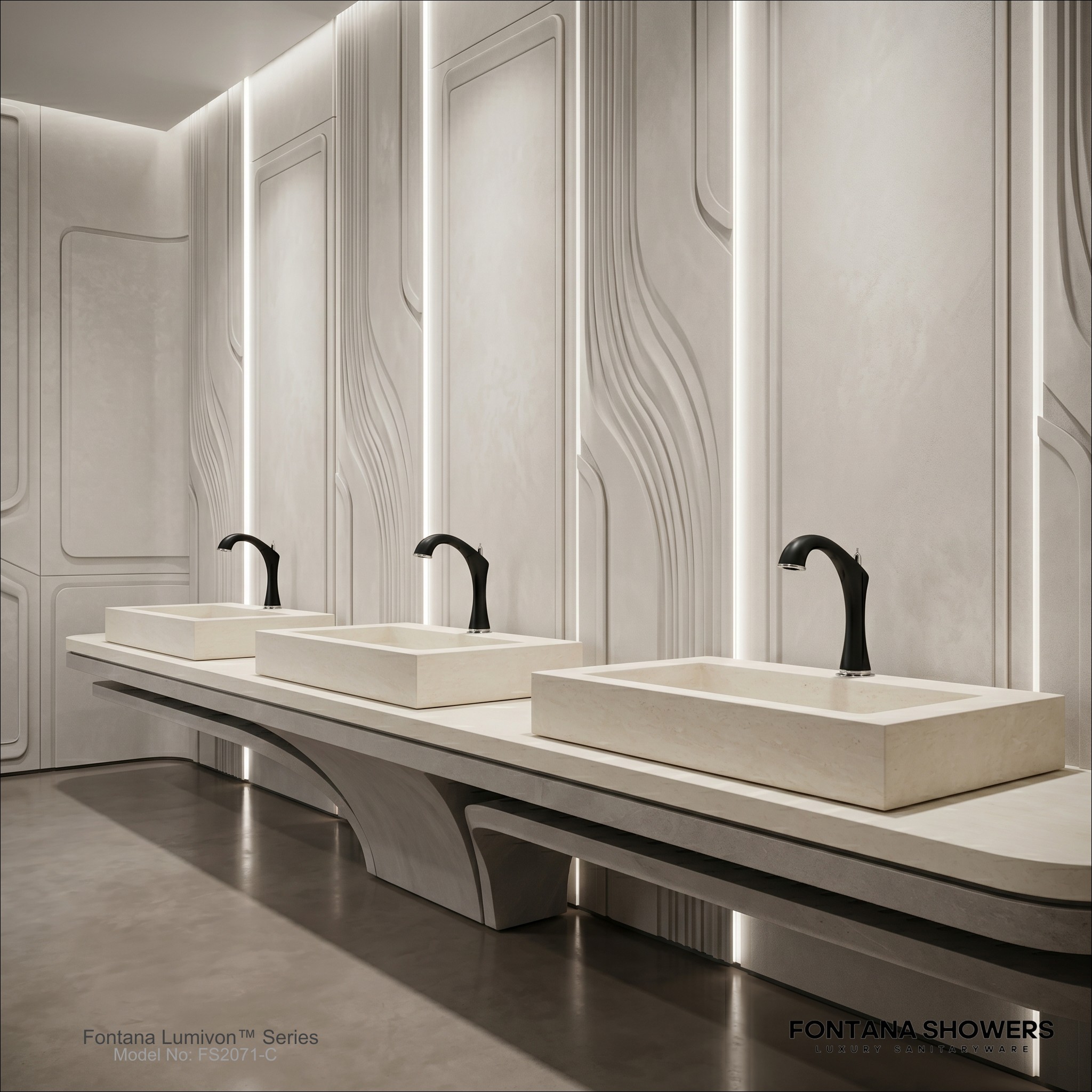 Premium public restroom with clean sink counters modern mirrors and hotel inspired airport restroom design