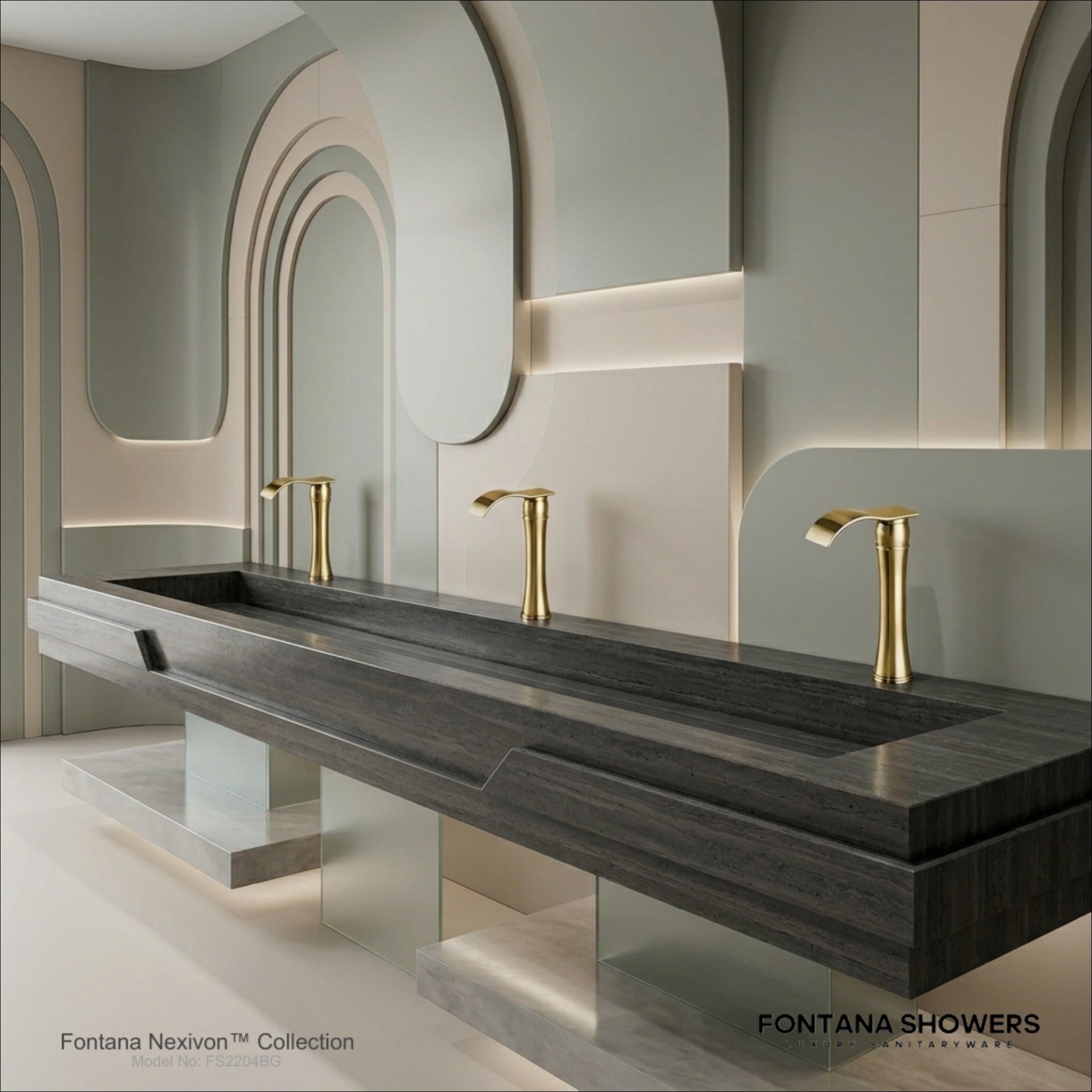 Compact commercial restroom with touchless faucets suitable for airport concourse sink areas