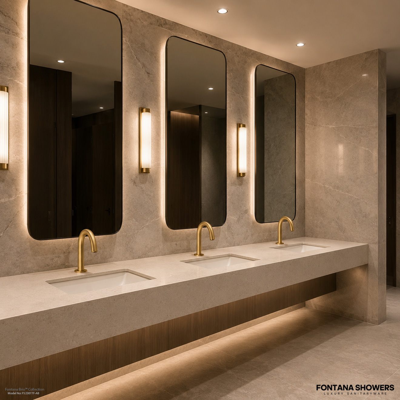 Airport-style restroom sink row with automatic sensor faucets and manual soap dispensers