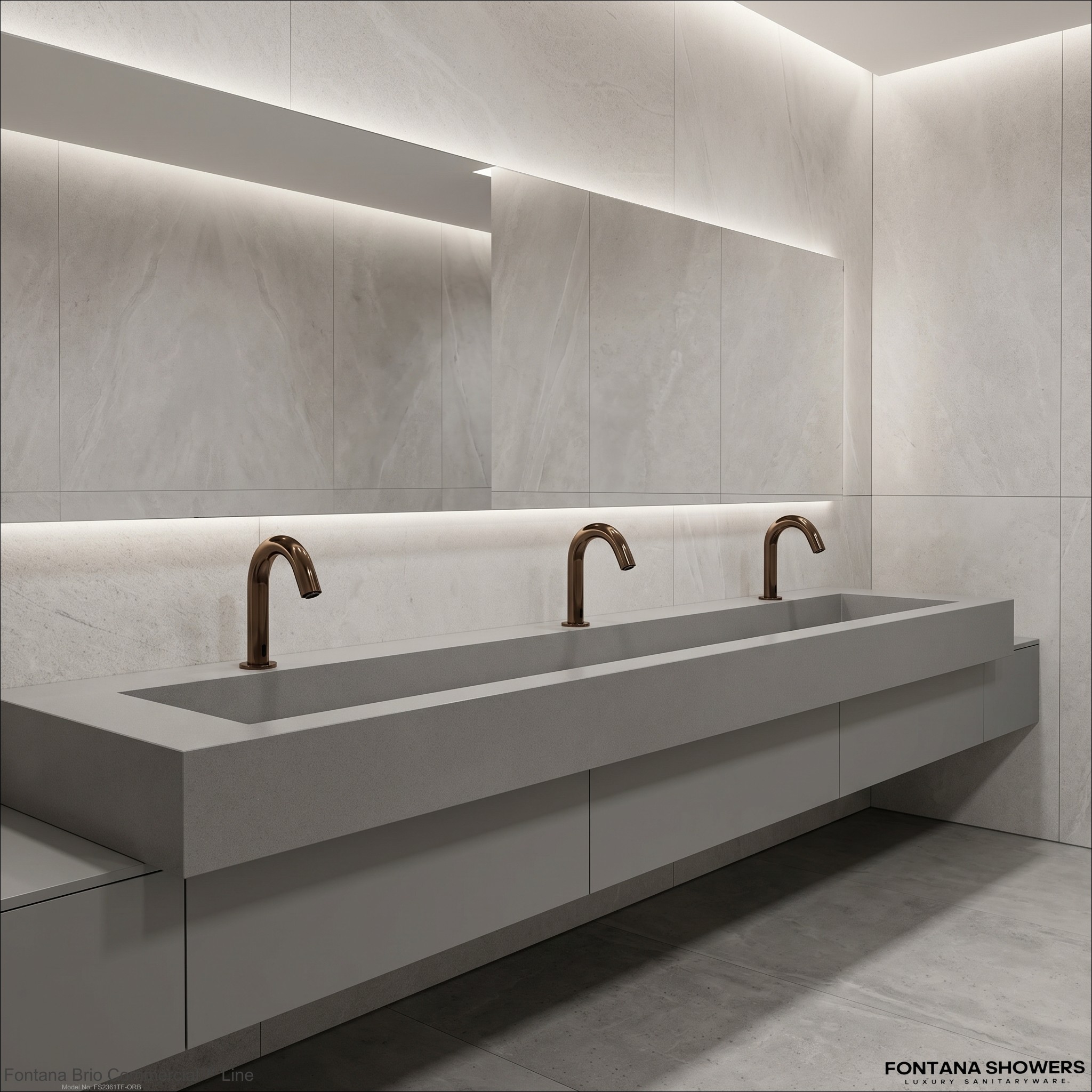 High-traffic commercial restroom with touchless automatic sensor faucets suitable for airport passenger facilities