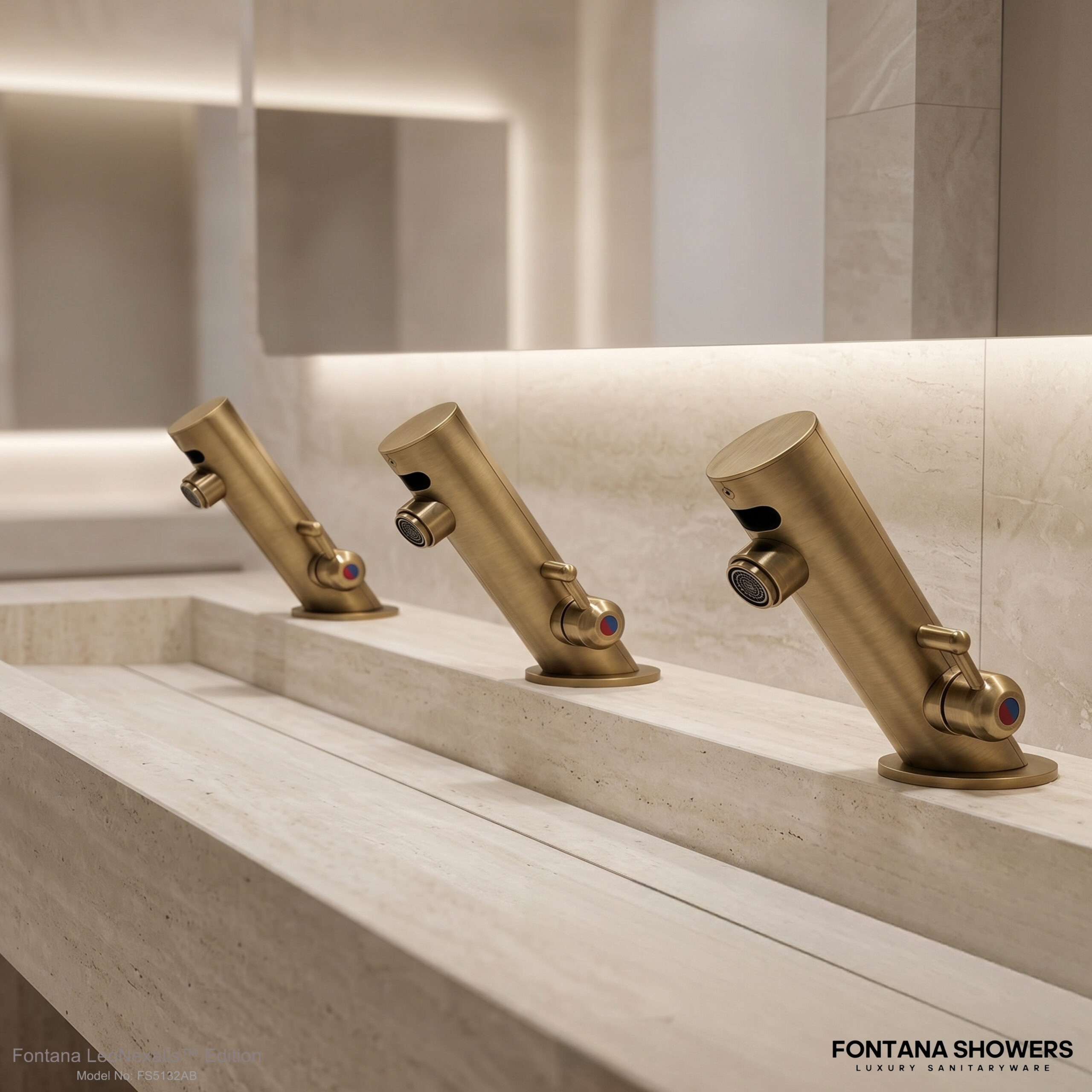 Airport restroom with long vanity run and multiple faucet stations near runway view