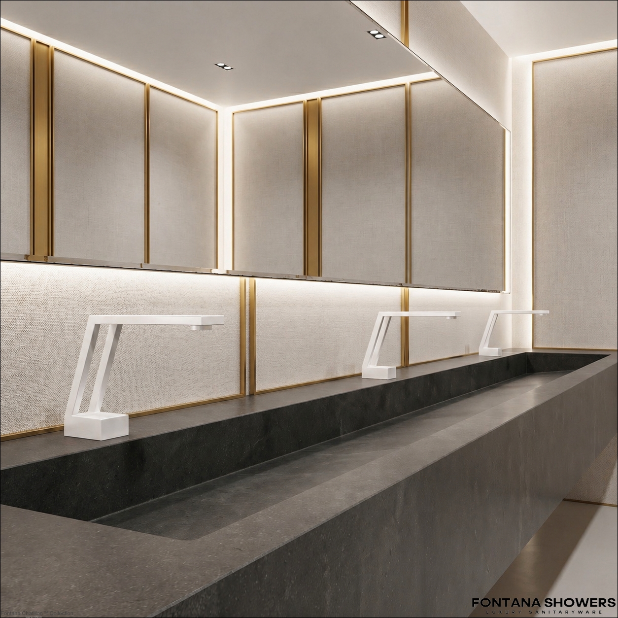 Airport washroom with long trough sink and multiple chrome touchless faucets