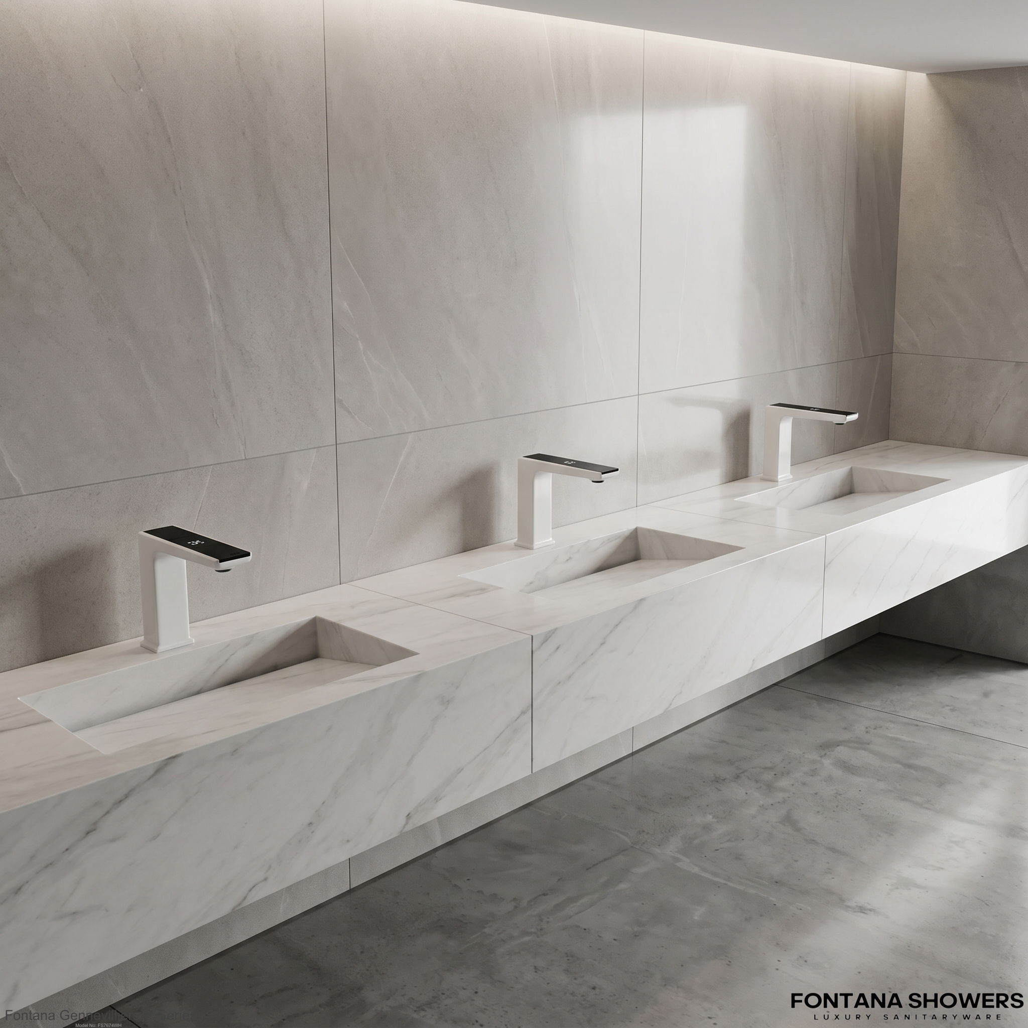 Certified commercial touchless faucet in airport restroom sink area with water efficiency and compliance icons