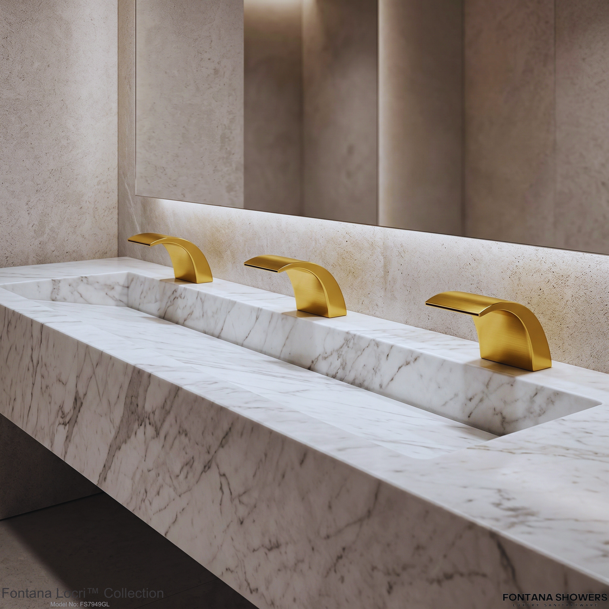 Smart airport restroom with touchless faucet fixtures and modern sink stations