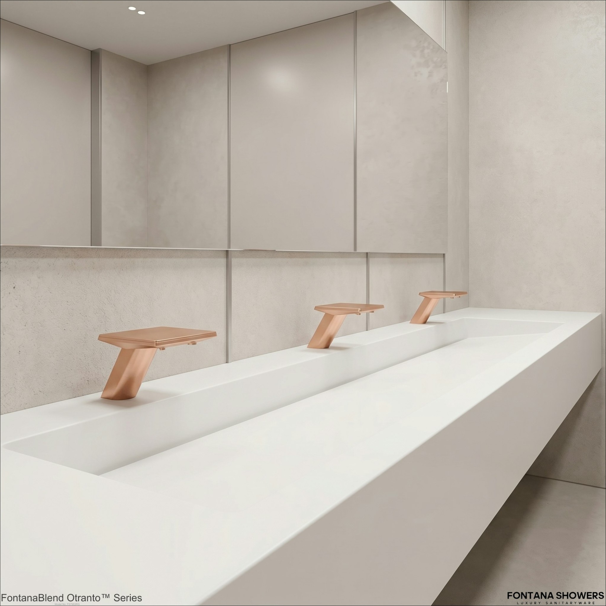 Airport restroom with gold touchless sensor faucets installed above multiple sink stations