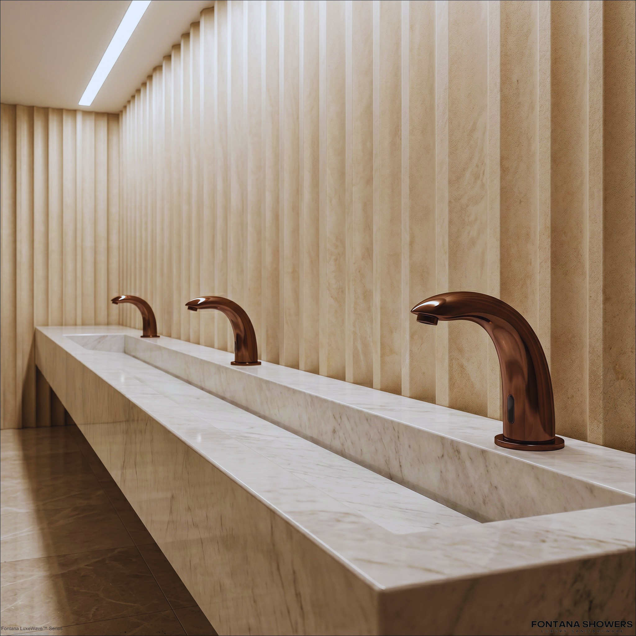 High-traffic airport restroom with modern touchless faucet stations and commercial sink counter