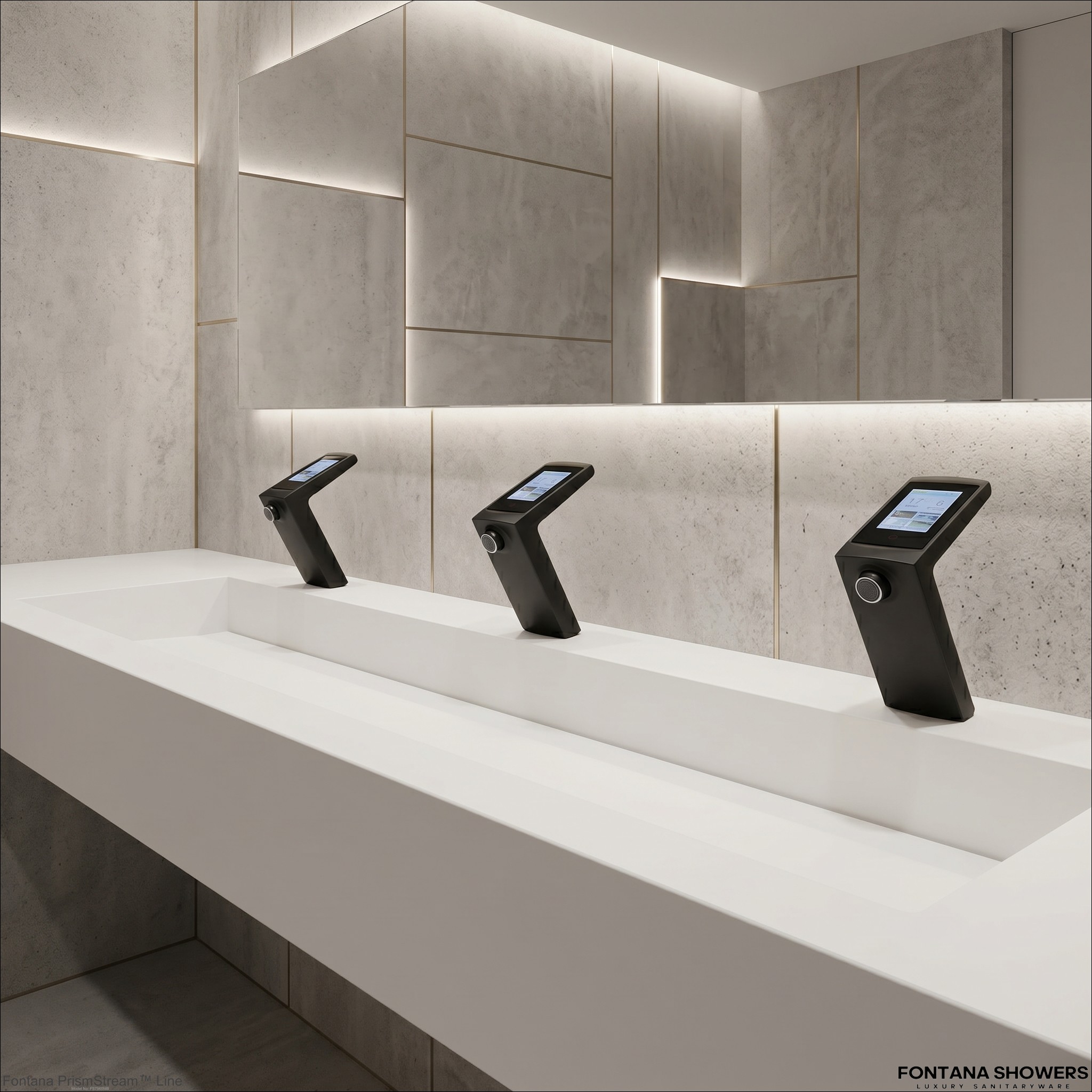 Airport restroom touchless faucet bank with sensor activation zones and aircraft visible through terminal window